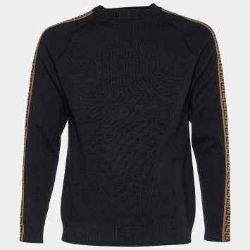 Pre Owned Fendi Black Wool Knit Zucca Detail Crew Neck Jumper M