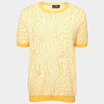 Pre Owned Fendi Yellow FF Vertigo Motif Pointelle Knit Short Sleeve Jumper XXL 
