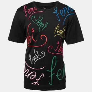 Pre Owned Fendi Black Cotton Logo Embroidered Short Sleeve T-Shirt M