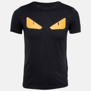 Pre Owned Fendi Black Cotton Monster Eye Patch Detail Crew Neck T-Shirt XS