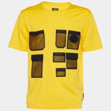 Pre Owned Fendi Yellow Cotton Multi Mesh Pocket Detail Oversized T-Shirt M