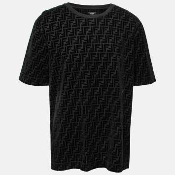 Pre Owned Fendi Black Cotton Pique Flocked FF Motif Short Sleeve T-Shirt XXL