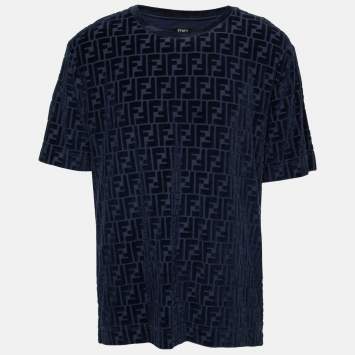 Pre Owned Fendi Blue Cotton Flocked FF Motif Short Sleeve T-Shirt XL