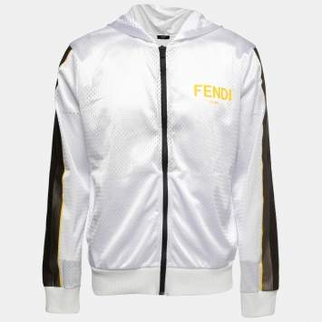 Pre Owned Fendi White Mesh Stripe Trim Detail Zip-Up Hooded Jacket L