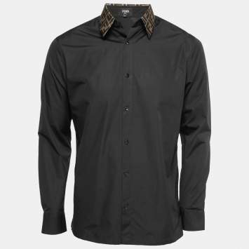 Pre Owned Fendi Black Cotton Monogram Detail Collar Shirt L