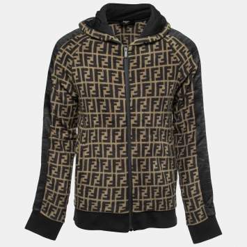 Pre Owned Fendi Brown FF Monogram Fleece Logo Tape Trimmed Jacket L