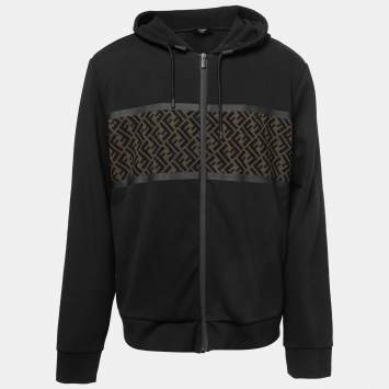 Pre Owned Fendi Black Cotton FF Mesh Paneled Zip Up Hoodie 3XL