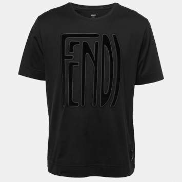 Pre Owned Fendi Black Cotton Velvet Logo Patched T-Shirt S
