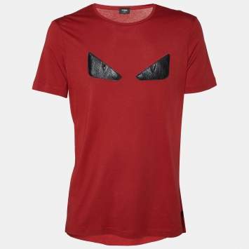 Pre Owned Fendi Red Cotton Studded Leather Bag Bugs Appliqued T-Shirt XL