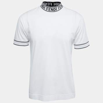 Pre Owned Fendi White Cotton Logo Band Collar T-Shirt XS