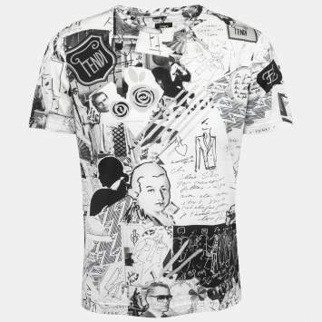 Pre Owned Fendi White Printed Cotton Crew Neck Half Sleeve T-Shirt L