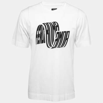 Pre Owned Fendi White Logo Patch Detailed Cotton Crew Neck T-Shirt S
