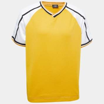 Pre Owned Fendi Yellow/White Knit V-Neck Half Sleeve T-Shirt L