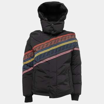 Pre Owned Fendi Black Logo Printed Nylon Hooded Down Jacket L