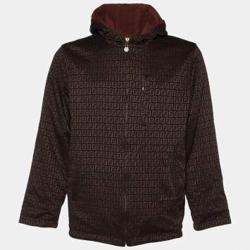 Pre Owned Fendi Jeans Vintage Brown Monogram Jacquard & Fleece Reversible Hooded Jacket XL