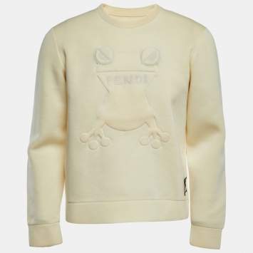 Pre Owned Fendi Light Yellow Frog Embroidered Knit Crew Neck Sweatshirt M
