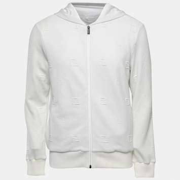 Pre Owned Fendi White FF Embroidered Jersey Knit Zip-Up Jacket S