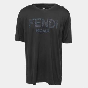 Pre Owned Fendi Black Logo Embroidered Cotton Half Sleeve T-Shirt XXL