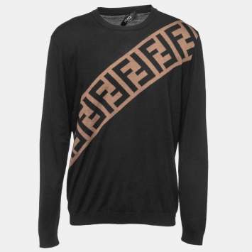 Pre Owned Fendi Black Logo Patterned Wool Pullover L