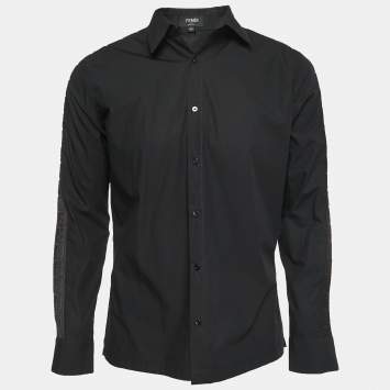 Pre Owned Fendi Black Cotton Logo Tape Detailed Button Front Shirt M