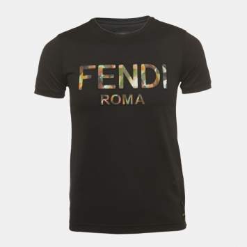 Pre Owned Fendi Black Logo Embroidered Cotton Half Sleeve T-Shirt XS