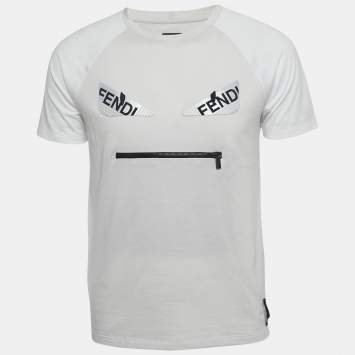 Pre Owned Fendi Grey/White Cotton Logo Patch Crew Neck T-Shirt S