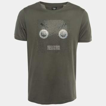 Pre Owned Fendi Green Embellished Eye Cotton Crew Neck T-Shirt M