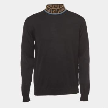 Pre Owned Fendi Black Wool Logo Collar Detail Jumper L