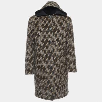 Pre Owned Fendi Black/Brown All-Over Logo Fleece Wool Reversible Coat M