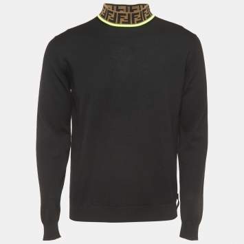 Pre Owned Fendi Black Wool Logo Neck Detail Jumper M