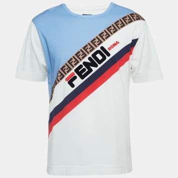 Pre Owned Fendi Multicolor Diagonal Striped Logo Print Cotton T-Shirt M