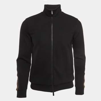 Pre Owned Fendi Black Knit Side Logo Tape Zip Front Jacket XS