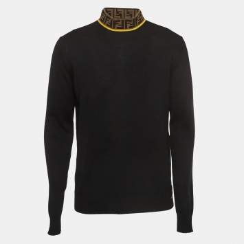 Pre Owned Fendi Black Logo Motif Wool Turtle Neck Pullover M
