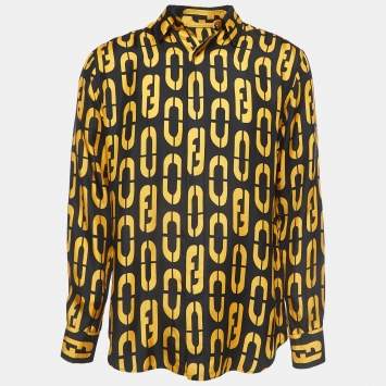 Pre Owned Fendi Black/Yellow Logo Print Silk Full Sleeve Shirt L