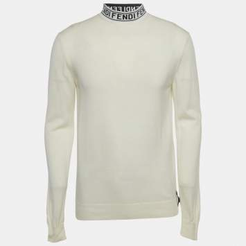 Pre Owned Fendi Ivory White Wool High Neck Jumper L