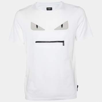 Pre Owned Fendi White Bag Bugs Appliqued Cotton Zip Detail T-Shirt M