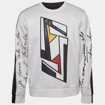 Pre Owned Fendi White Logo Patch Knit Round Neck Pullover L