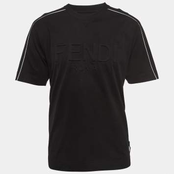 Pre Owned Fendi Black Logo Embossed Cotton Crew Neck T-Shirt M