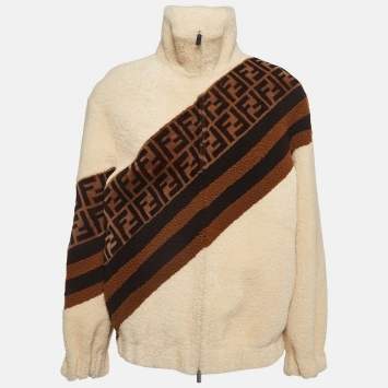 Pre Owned Fendi Cream Monogram Print Wool Shearling Jacket M