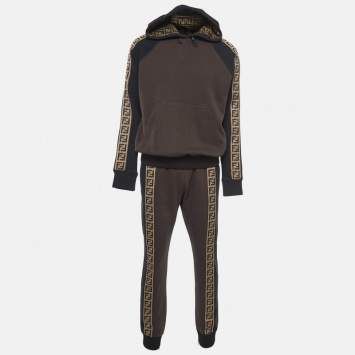 Pre Owned Fendi Military Green Cotton Band Logo Trim Hoodie & Jogger Set XL