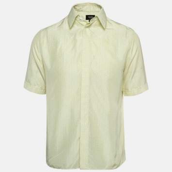 Pre Owned Fendi Yellow Zucca Print Silk Short Sleeve Shirt M