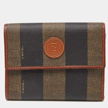 Pre Owned Fendi Brown/Tan Pequin Coated Canvas and Leather Flap Compact Wallet