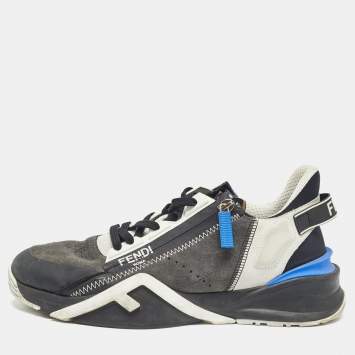 Pre Owned Fendi Black/Blue Leather and Mesh Flow Low Top Sneakers Size 42