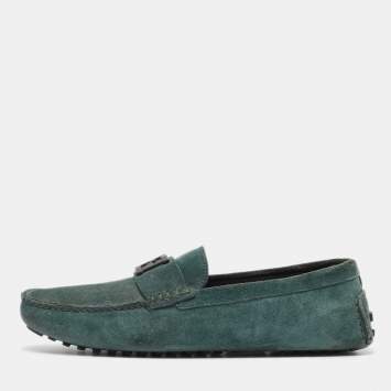 Pre Owned Fendi Dark Green Suede FF Slip On Loafers Size 44