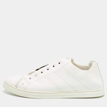 Pre Owned Fendi White/Brown Leather and Zucca Elastic Band Slip On Sneakers Size 44