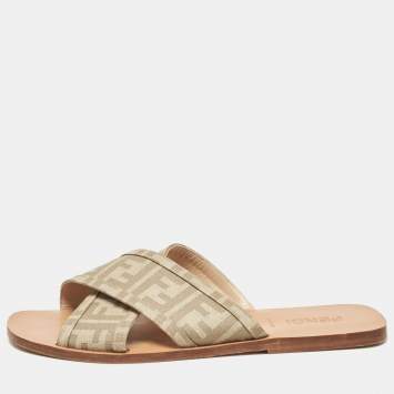 Pre Owned Fendi Beige FF Canvas Crisscross Flat Slides Size 43