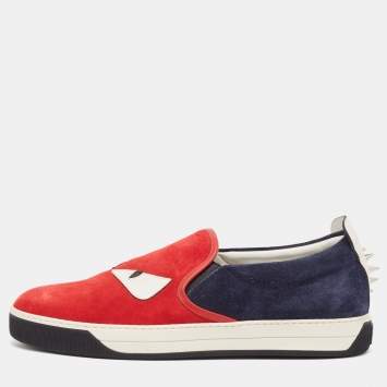 Pre Owned Fendi Red Leather and Suede Monster Slip On Sneakers Size 44