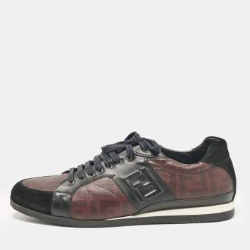 Pre Owned Fendi Black/Burgundy Zucca Coated Canvas and Leather Low Top Sneakers Size 45