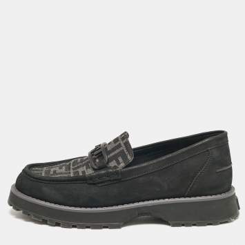 Pre Owned Fendi Black FF Canvas and Jacquard O'Lock Loafers Size 43