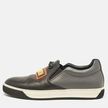 Pre Owned Fendi Black/Grey Leather Vocabulary Face Leather  Detail Slip On Sneakers Size 44